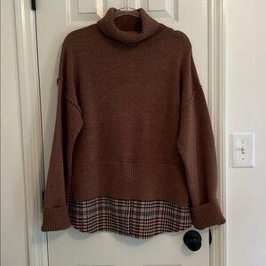 VOY Oversized Brown Turtleneck Sweater with Plaid Flannel Hem!